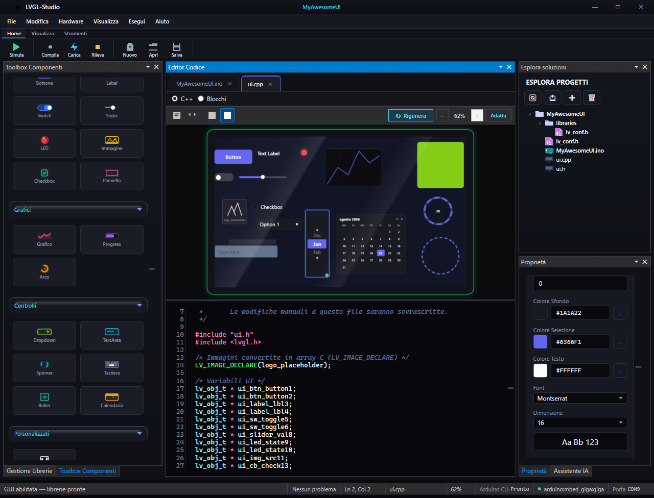 LVGL Studio — Canvas WYSIWYG con designer e codice C++ generato